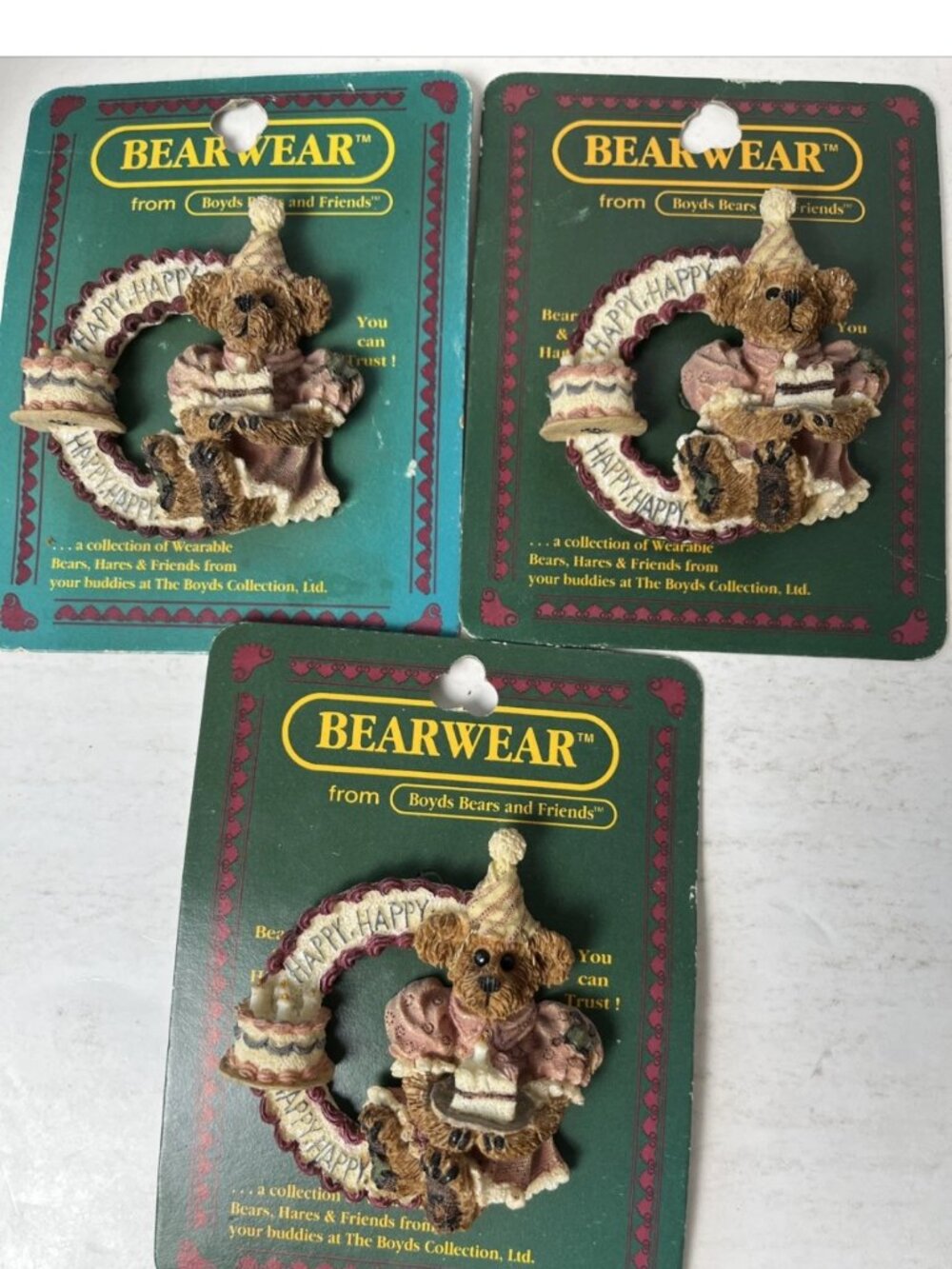 Lot of 3 Boyds Bears BIRTHDAY Bailey Pin Brooch Bearwear Happy Happy NOS 26117